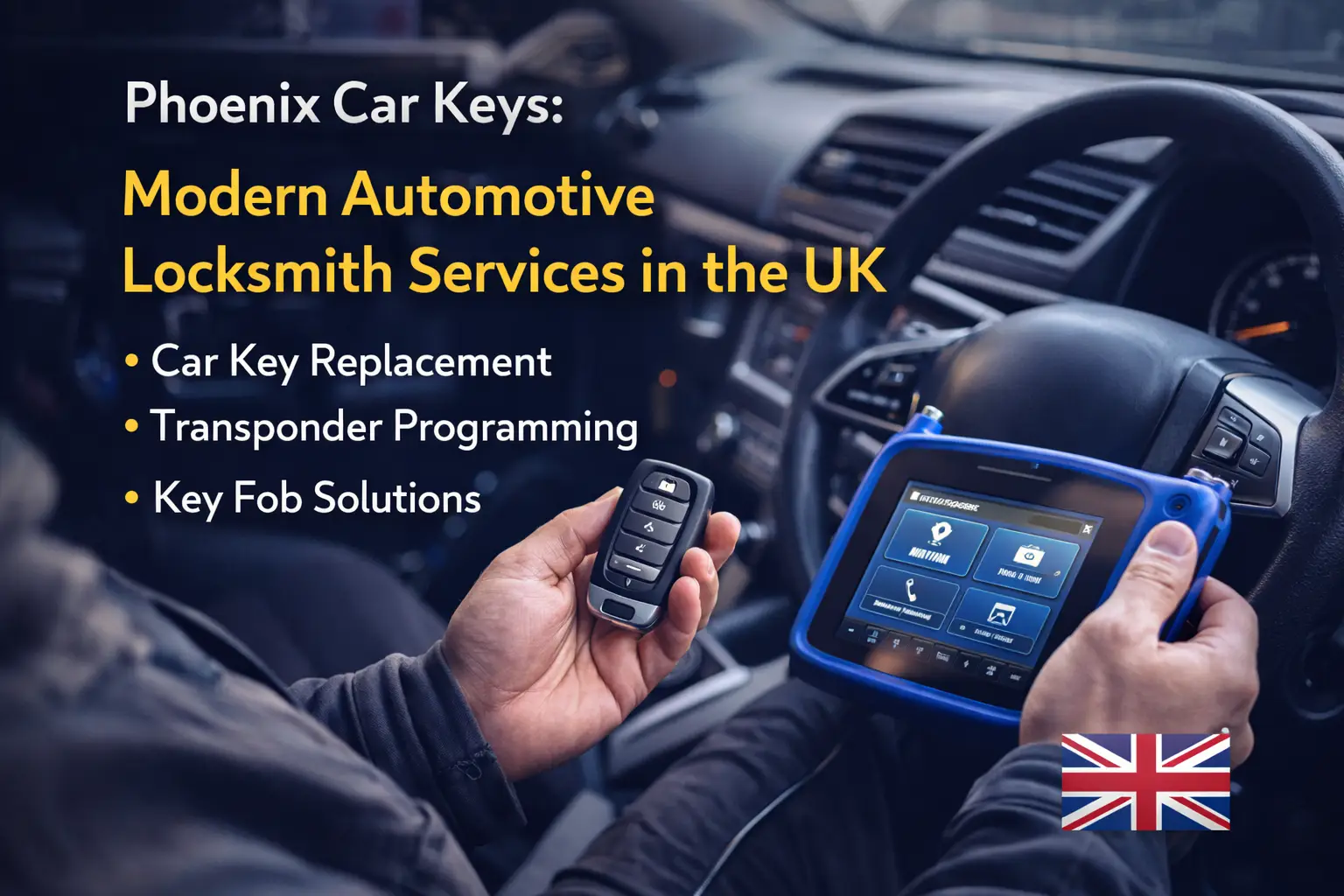 automotive locksmith programming a modern car key in the UK