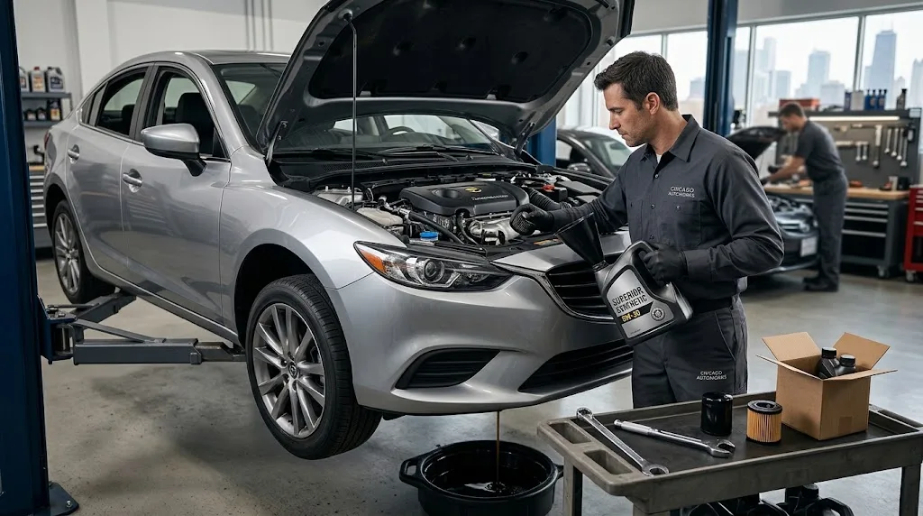 Oil change in Chicago with fresh engine oil and professional oil filter servicing